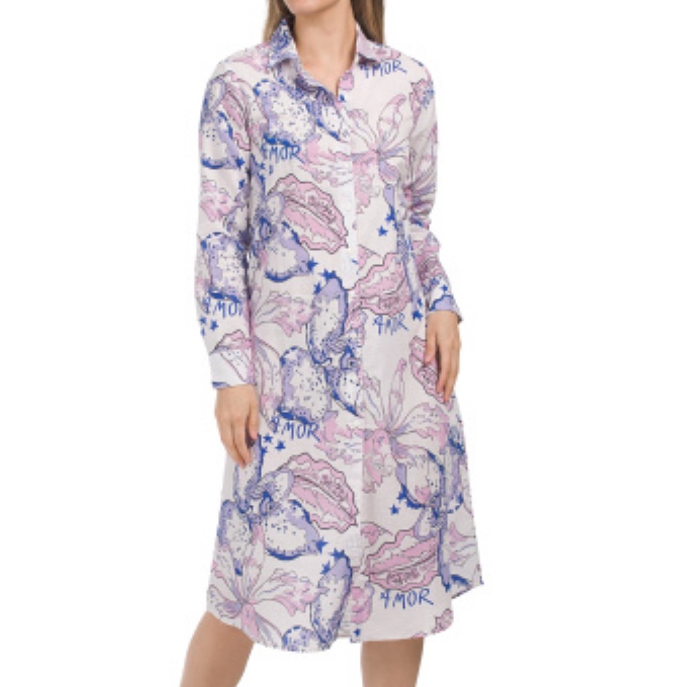 NWoT LAS SUREÑAS The Amor Graphic Linen Shirt Long Sleeve MIDI Dress SZ: X-Small